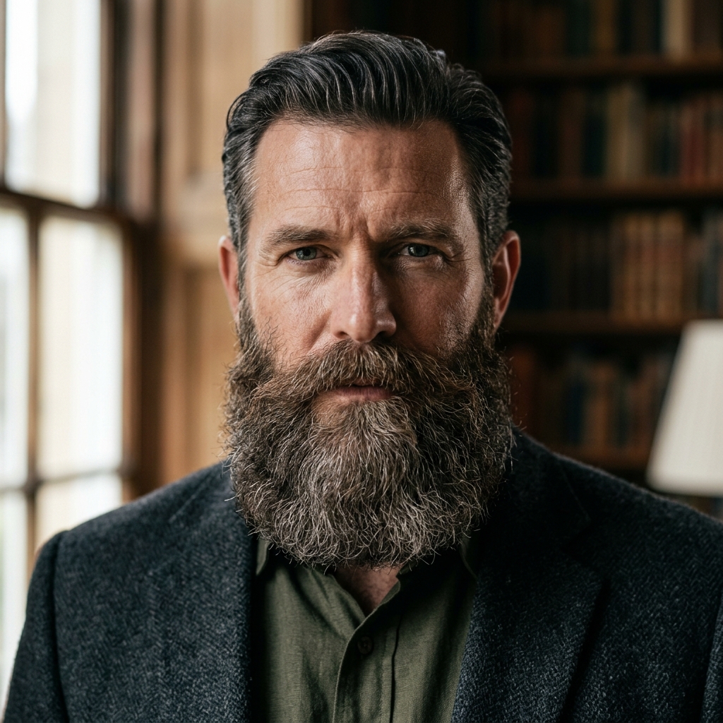 Barba cheia e volumosa estilo Garibaldi em destaque