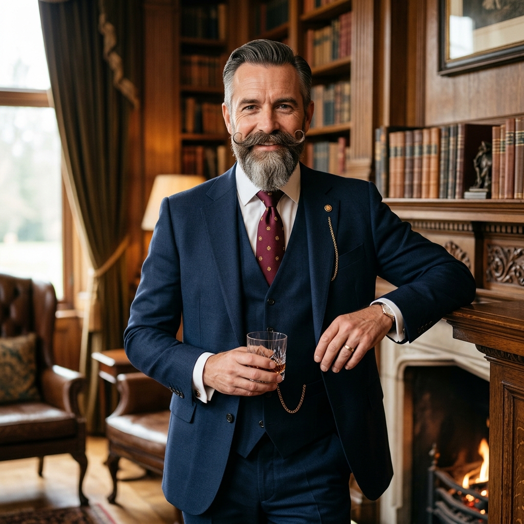 Bigode estilo imperial curvado para cima aristocrático