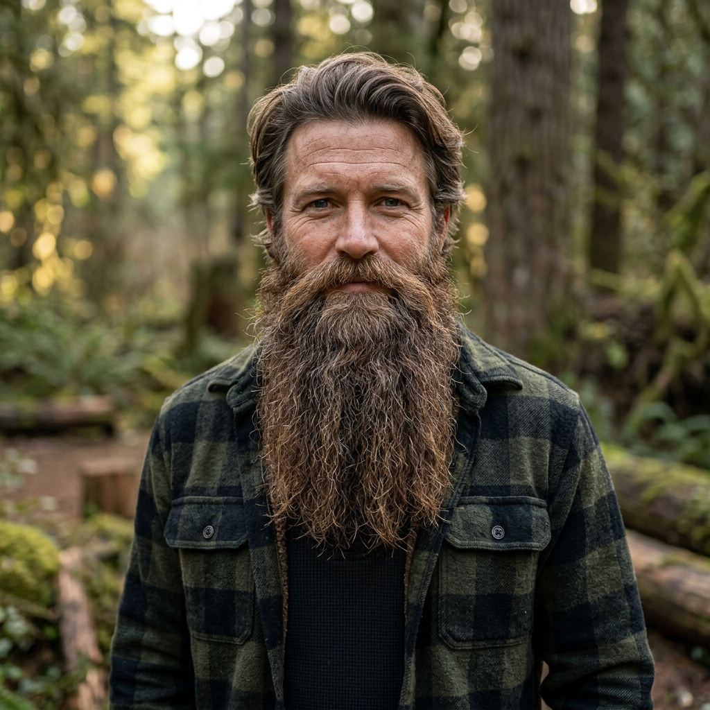 Homem com barba lenhador longa e volumosa