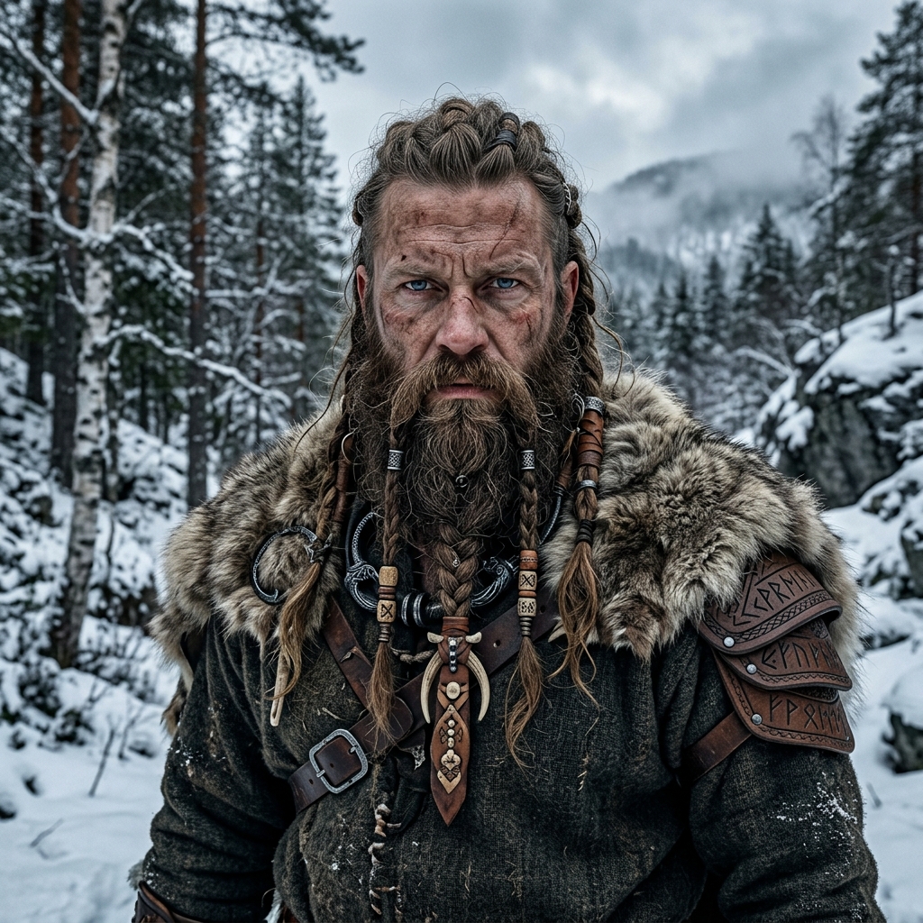 Homem com barba viking longa e trançada estilo nórdico