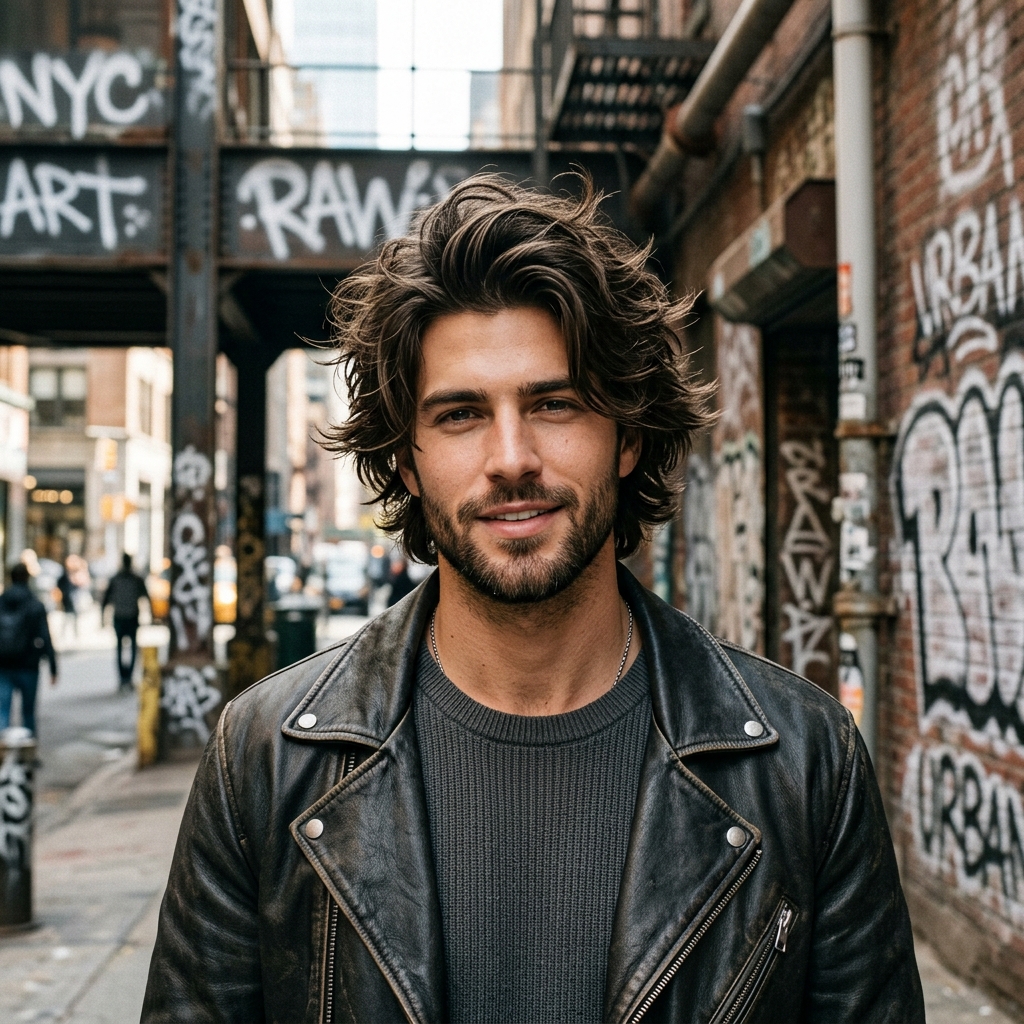 Wolf cut masculino cabelo ondulado longo